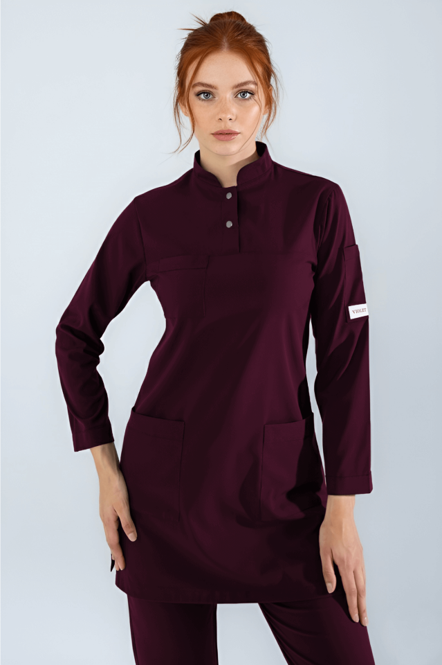 Violet Uniform Bordo Shamera Tesettür Scrubs Üst