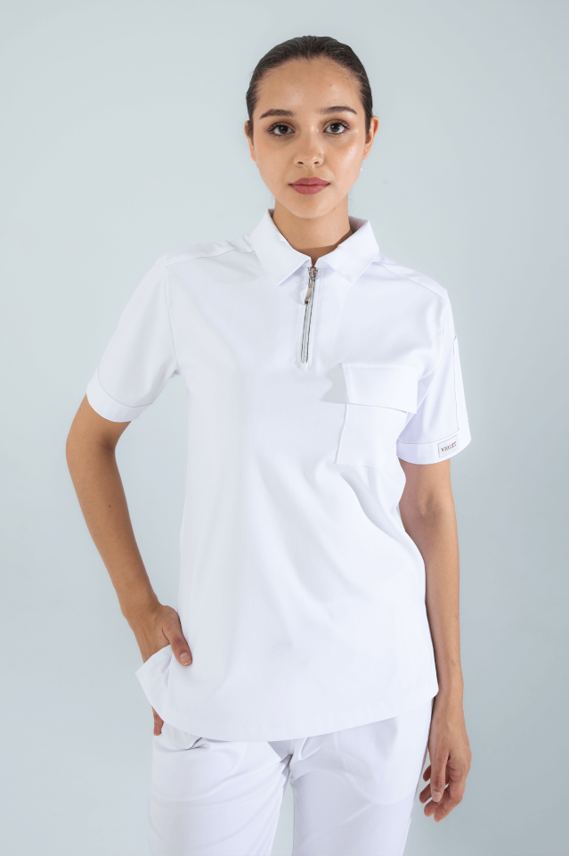 Violet Uniform Kadın Beyaz Atlas Scrubs Üst