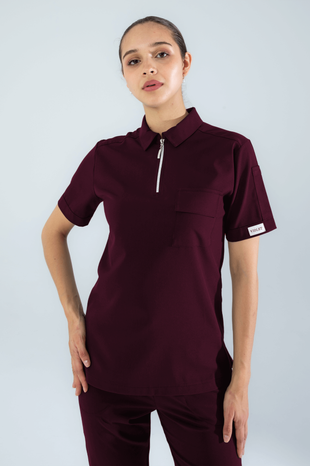 Violet Uniform Kadın Bordo Atlas Scrubs Üst