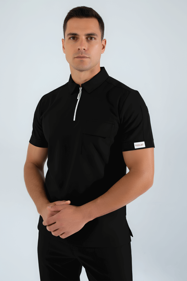 Violet Uniform Erkek Siyah Atlas Scrubs Üst